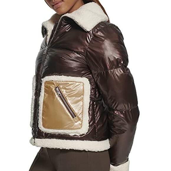 NWT Levis Breanna Faux Fur Pearlized Brown Sherpa Puffer Jacket Women's Size M - Picture 2 of 9